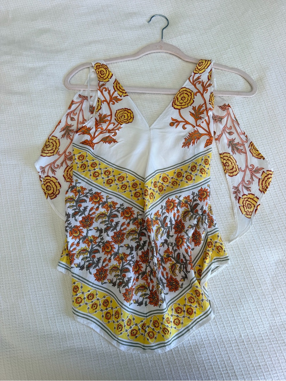 J. Crew White Cold-Shoulder Floral Blouse with Yellow and Orange Print